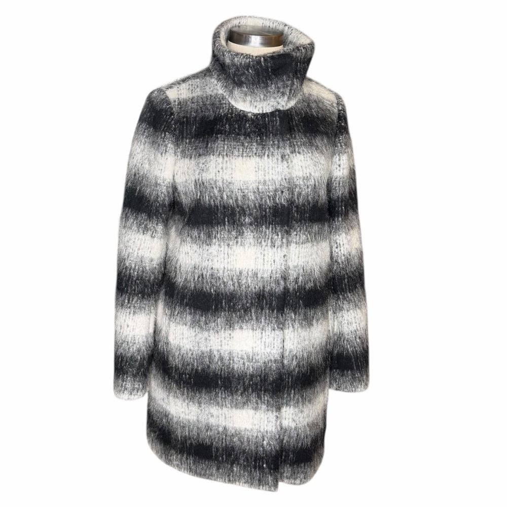 ANN TAYLOR PETITE‎ Black and White Striped Turtleneck Pea Coat Wool Women's SP